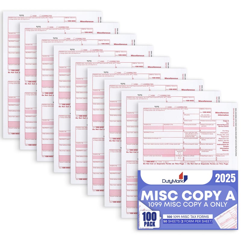 Dutymark 1099 MISC Copy A 2025 Tax Federal Income Form, 100 Laser Tax recipients Pack, (50 Sheets) Compatible with QuickBooks and Accounting Software - Image 1